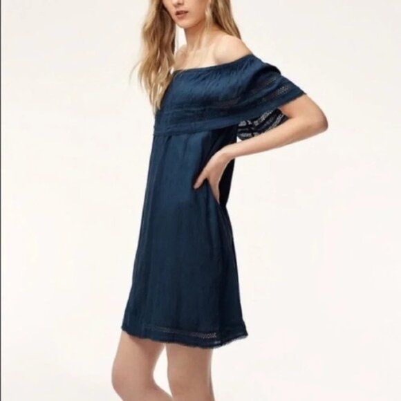 Wilfred Aritzia Emmie Mini Dress Lace Off the Shoulder Eyelet Blue boho chic 2XS - Picture 9 of 16